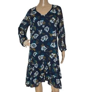 CAbi black and teal floral long sleeve dress medium